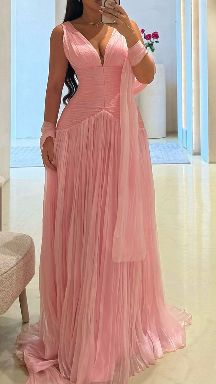 Elegant V-neck Sheath Pink Long Prom Dresses Chiffon Pleated Pink Evening Dresses ED05154