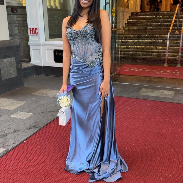 Elegant Spaghetti Straps Sheath Blue Long Prom Dresses Satin Blue Evening Dresses With Slits ED05155