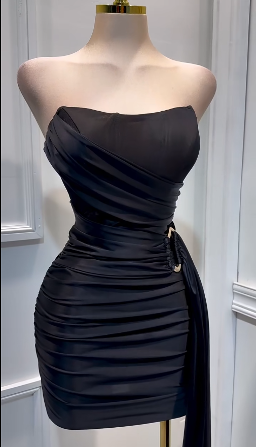 Sexy Strapless Bodycon Black Short Prom Dresses Satin Black Party Dresses ED05161