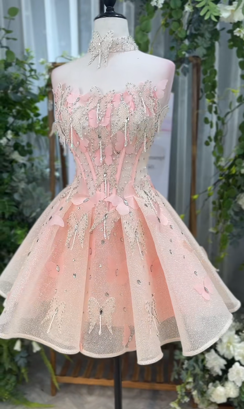 Cute Strapless A-Line Pink Short Prom Dresses Tulle Pink Party Dresses ED05163