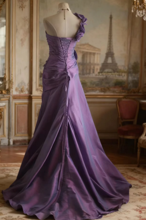 Vintage One Shoulder Sheath Purple Long Prom Dresses Taffeta Purple Formal Dresses ED05165