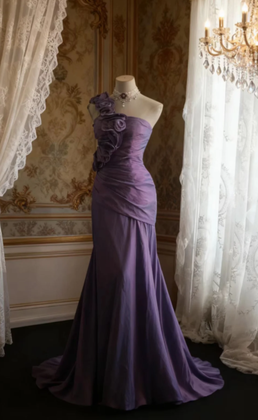 Vintage One Shoulder Sheath Purple Long Prom Dresses Taffeta Purple Formal Dresses ED05165