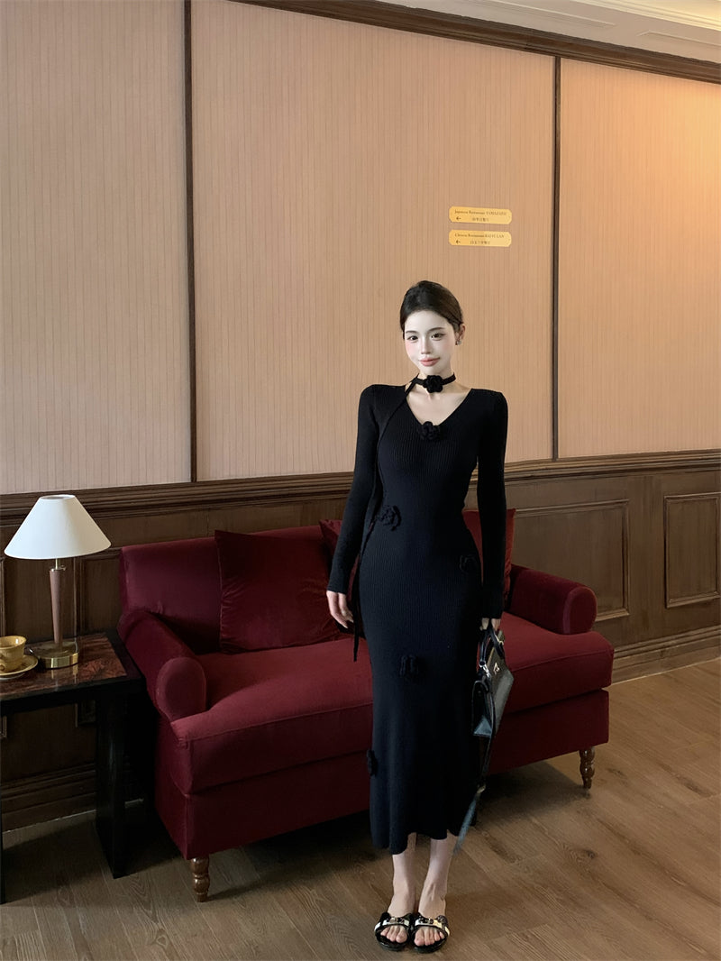 3D Flower V-Neck Long Sleeve Knitted Dress ED0516