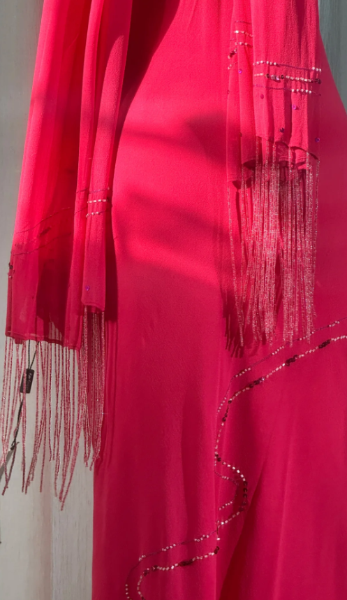 Vintage Spaghetti Straps Sheath Prom Dresses Chiffon Beaded Hot Pink Formal Dresses ED05171