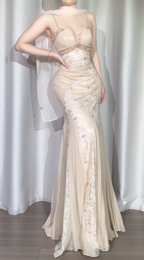 Glam Spagehetti Straps Sheath Long Prom Dresses Glitter Chiffon Beaded Sleeveless Wedding Guest Dresses ED05176