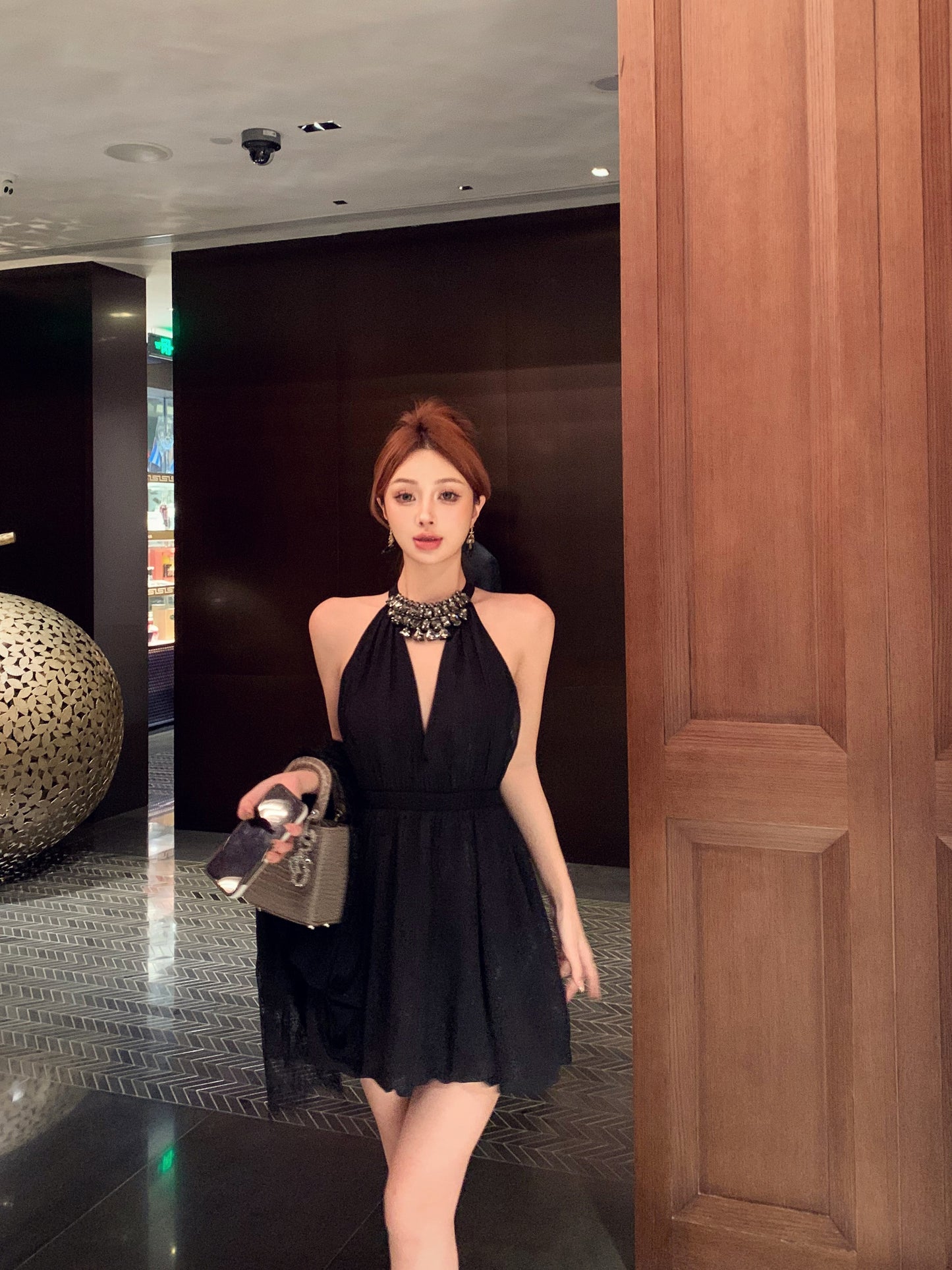 French diamond v-neck black halter dress birthday dress ED0517