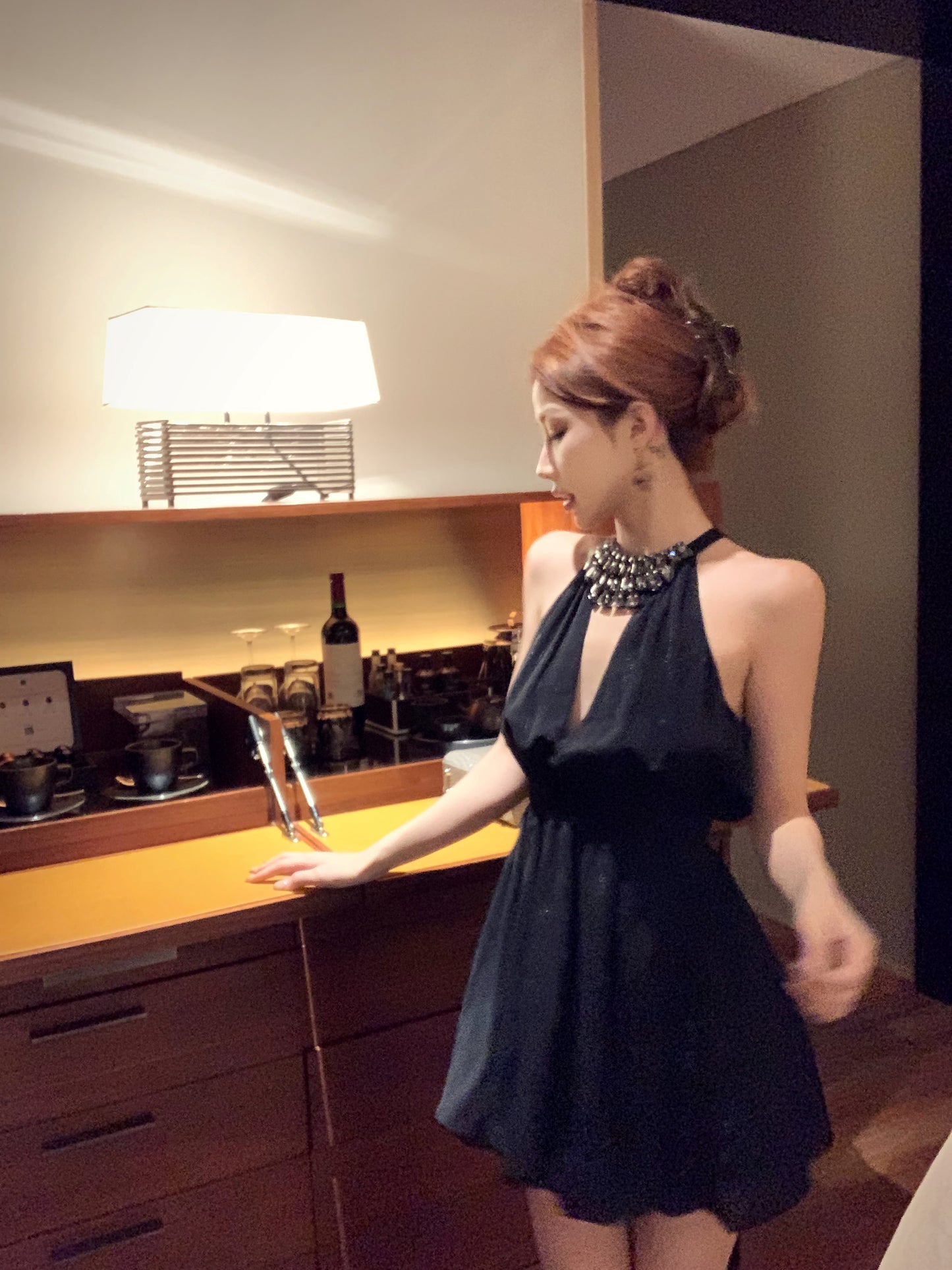 French diamond v-neck black halter dress birthday dress ED0517