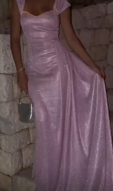 Sexy Straps Sheath Pink Long Prom Dresses Glitter Satin Pink Birthday Dresses ED05183