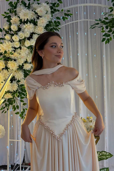 Elegant Off-shoulder A-Line Champagne Long Prom Dresses Satin Champagne Birthday Dresses ED05185