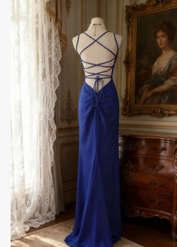 Elegant Spaghetti Straps Sheath Blue Long Prom Dresses Chiffon Blue Evening Gowns ED05186