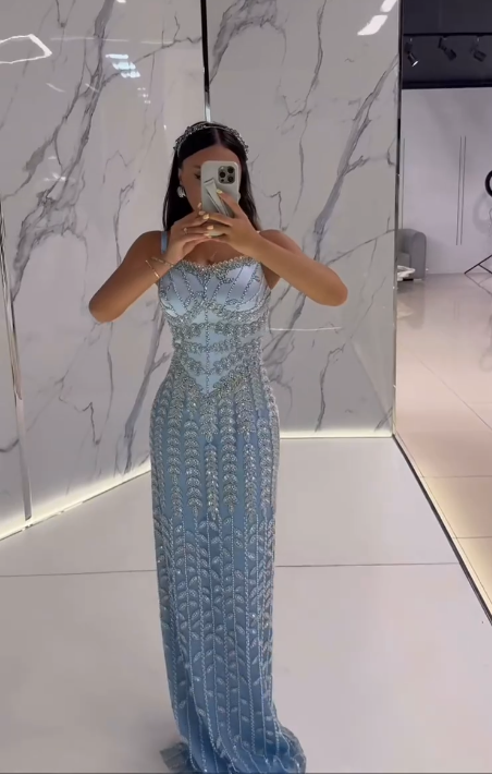 Gorgeous Spaghetti Straps Sheath Blue Long Prom Dresses Glitter Tulle Beaded Blue Evening Gowns ED05189