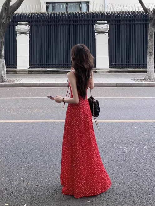 Gentle holiday style red strappy suspender floral dress ED0518