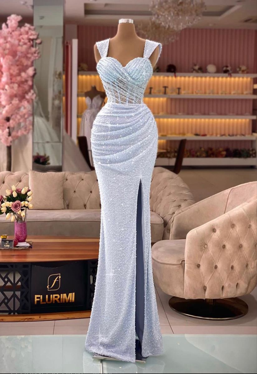 Elegant Straps Mermaid Gray Long Prom Dresses Glitter Gray Evening Gowns With Slits ED05193