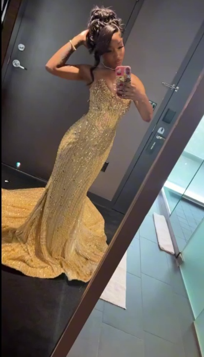 Sexy Strapless Mermaid Gold Long Prom Dresses Beaded Gold Evening Gowns ED05195