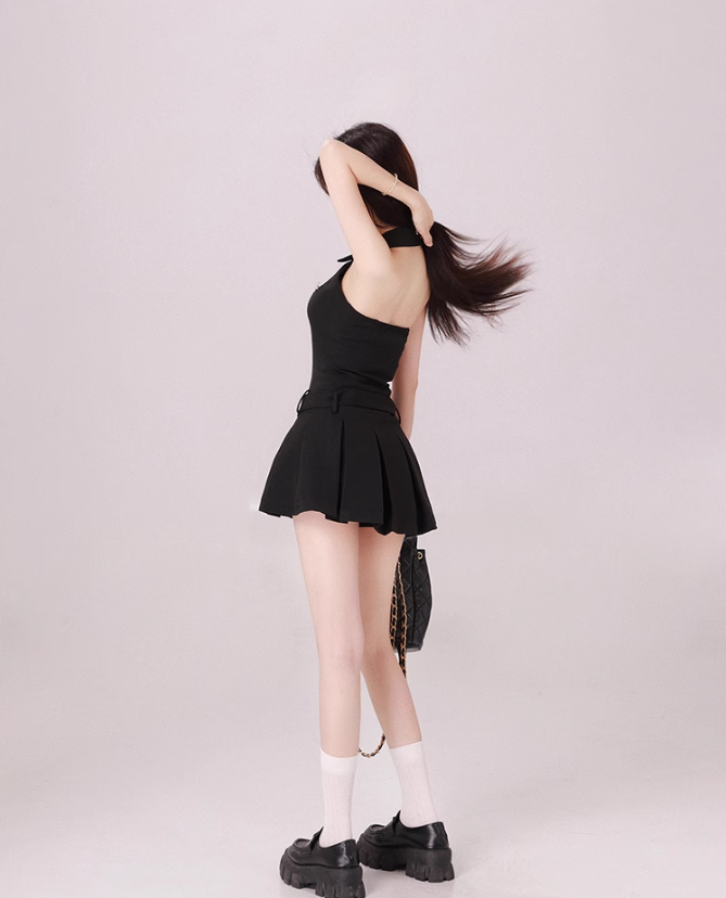 French sleeveless halterneck pleated skirt ED0519
