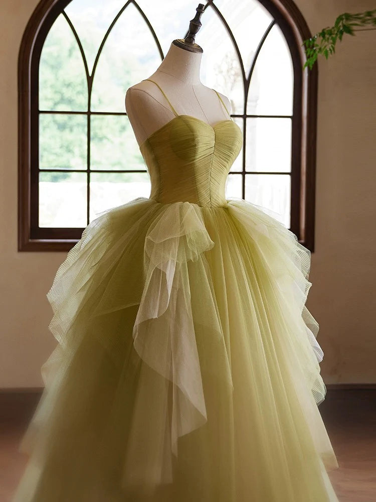 A-Line Green Sweetheart Neck Tulle Long Prom Dress, Green Evening Dress ED052
