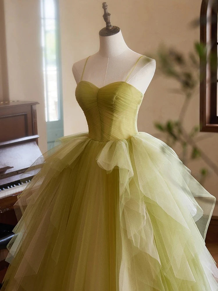 A-Line Green Sweetheart Neck Tulle Long Prom Dress, Green Evening Dress ED052