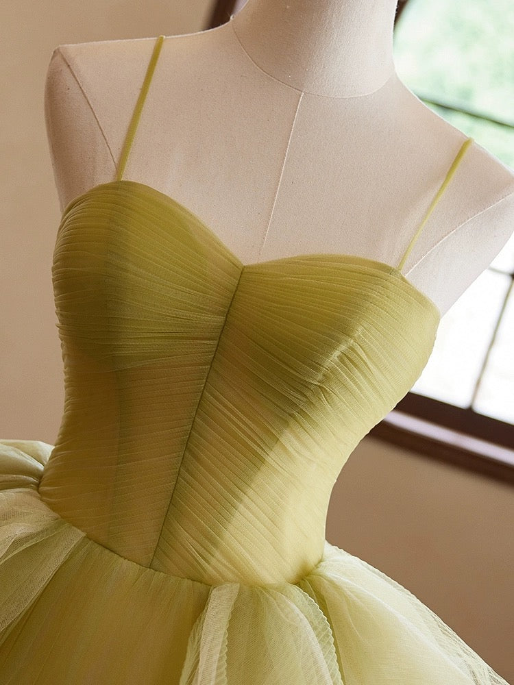 A-Line Green Sweetheart Neck Tulle Long Prom Dress, Green Evening Dress ED052
