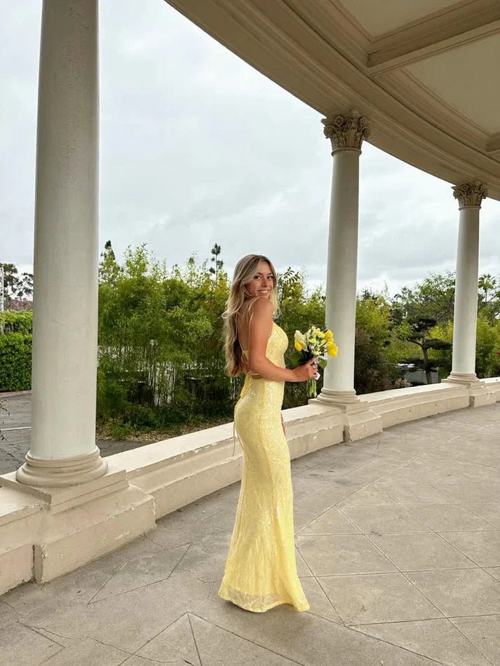 Elegant Spaghetti Straps Bodycon Yellow Long Prom Dresses Tulle Yellow Formal Dresses ED05206