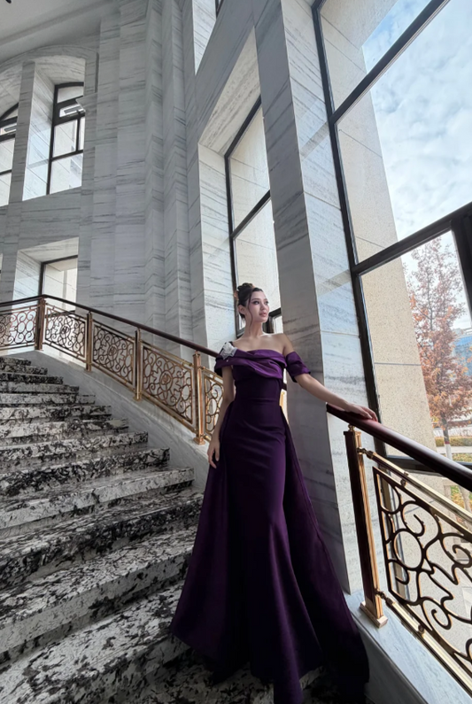Elegant Off-shoulder A-Line Purple Long Prom Dresses Satin Purple Formal Dresses ED05209