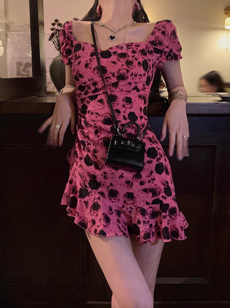 French retro sweet backless pink floral dress ED0521