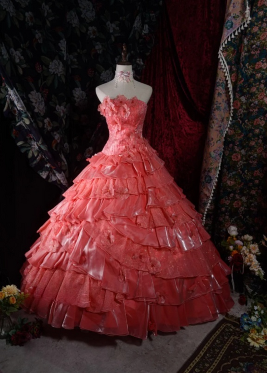 Fairy Strapless Ball Gown Long Prom Dresses Tulle Coral Quinceanera Dresses Sweet 16 Dress ED05223