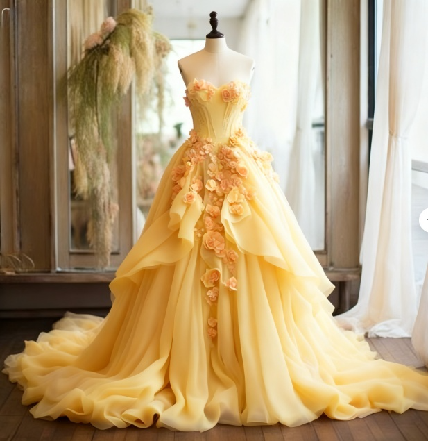 Fairy Strapless Ball Gown Long Prom Dresses Tulle Yellow Quinceanera Dresses Sweet 16 Dress ED05224