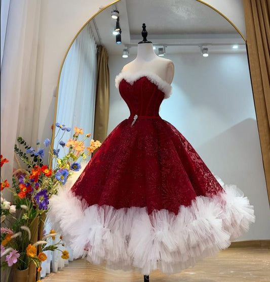 Sweet A-line Burgundy Prom Dresses Velvet Burgundy Christmas Dresses ED05225