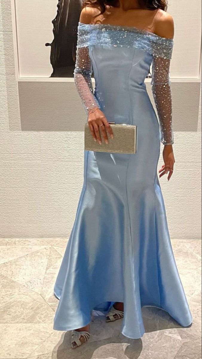 Elegant Off-Shoulder Mermaid Long Prom Dresses Satin Blue Evening Gown Long-Sleeved Wedding Guest Dresses ED05228