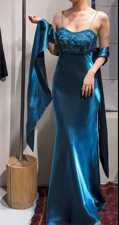 Vintage Spaghetti Straps Sheath Long Prom Dresses Satin Teal Formal Dresses ED05233