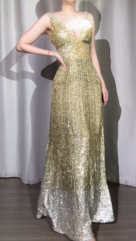 Sparkly V-neck A-Line Long Prom Dresses Sequins Gold Evening Gowns ED05237