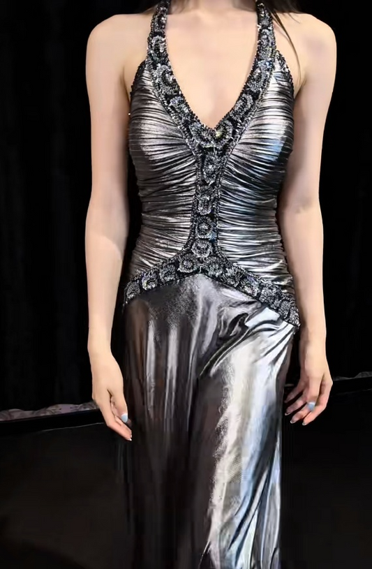 Glam Halter Sheath Long Prom Dress Satin Silver Grey Wedding Guest Dresses ED05244