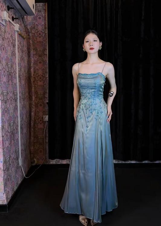 Vintage Spaghetti Straps Sheath Long Prom Dress Satin Beaded Grey Blue Formal Dresses Sleeveless Party Dresses ED05249