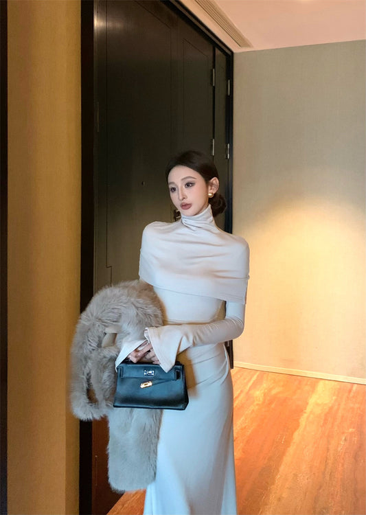 Temperament trumpet sleeve high collar dress + neck cape ED0524