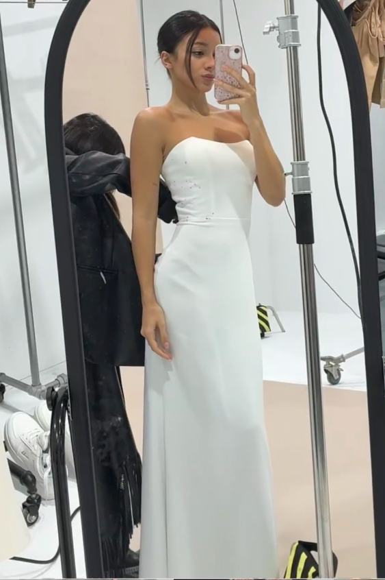 Glam Sheath White Long Prom Dresses Strapless Satin White Wedding Guest Dresses ED05277