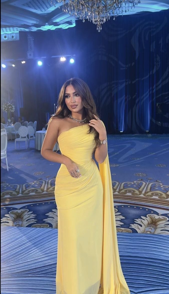 Chic Sheath Yellow Long Prom Dresses One-shoulder Chiffon Yellow Wedding Guest Dresses Sleeveless Formal Dresses ED05279