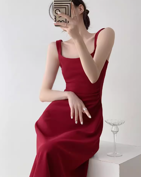 Rotes A-Linien-Strapskleid im französischen Hepburn-Stil ED0528
