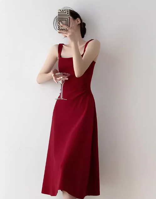 Rotes A-Linien-Strapskleid im französischen Hepburn-Stil ED0528
