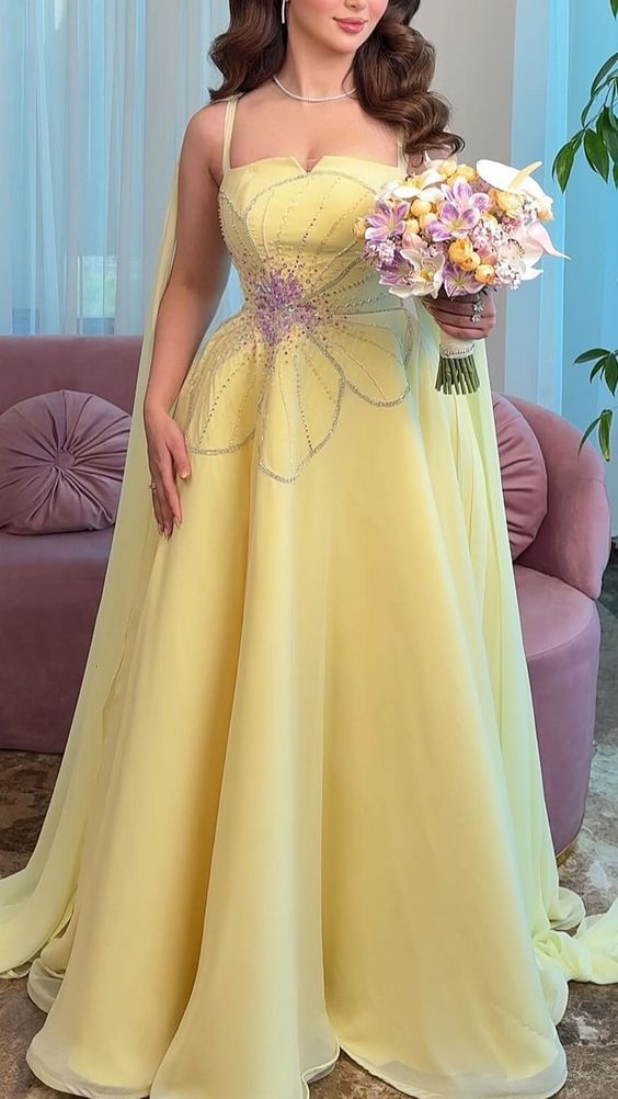 Chic A-Line Yellow Long Prom Dresses Spaghetti Straps Chiffon Yellow Birthday Dresses ED05301