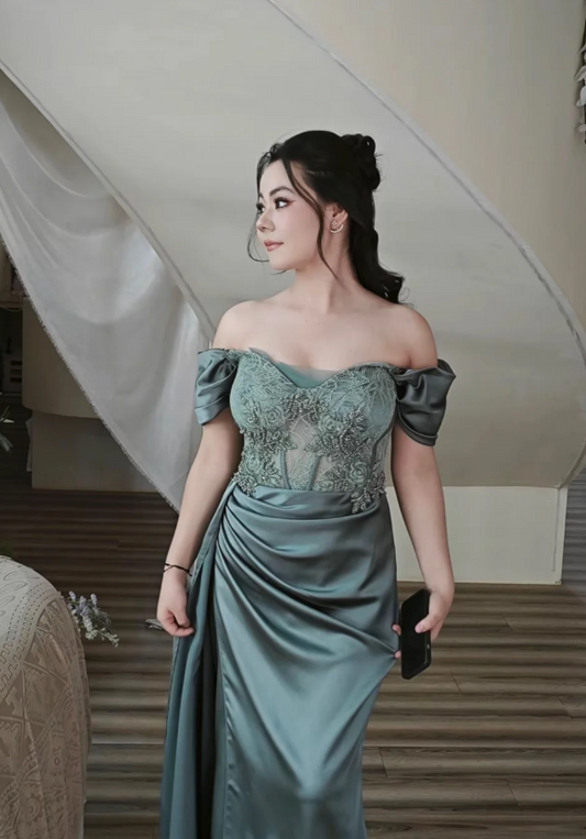 Glam Sheath Dark Green Long Prom Dresses Off-shoulder Satin Dark Green Evening Dresses ED05311