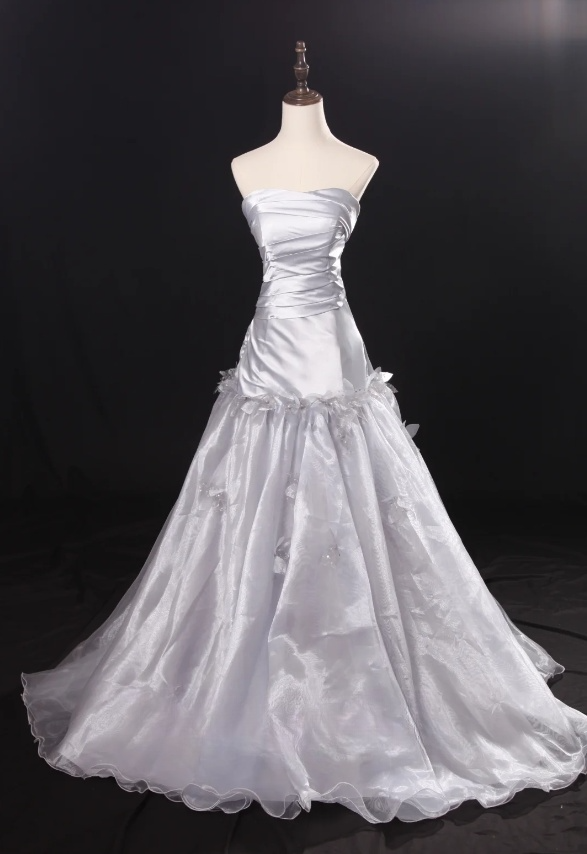 Fairy A-Line Light Grey Long Prom Dresses Strapless Satin Tulle Light Grey Birthday Dresses ED05317