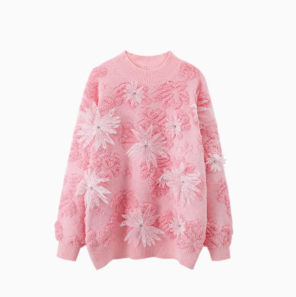 Rosa Pullover mit Rundhalsausschnitt und Blumenstickerei ED0531