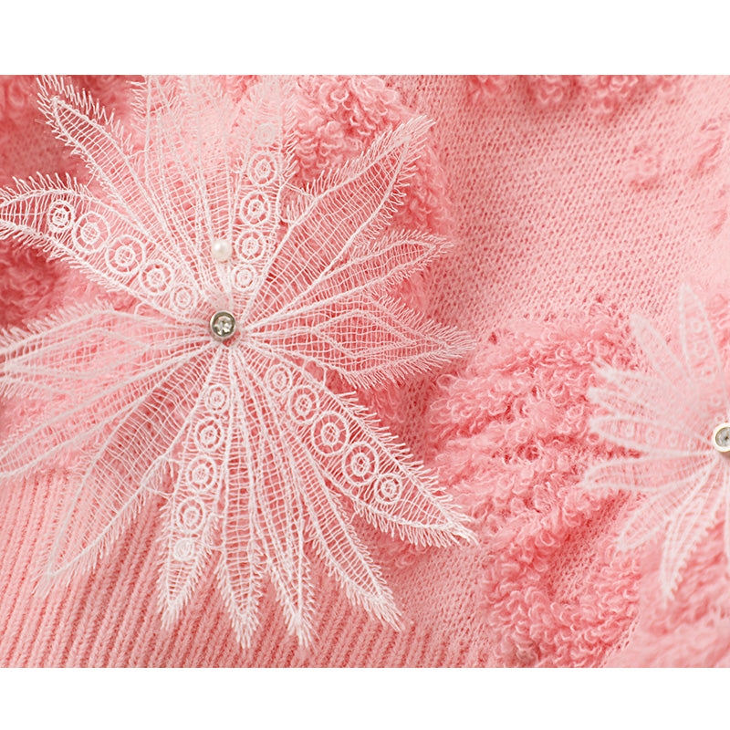 Rosa Pullover mit Rundhalsausschnitt und Blumenstickerei ED0531
