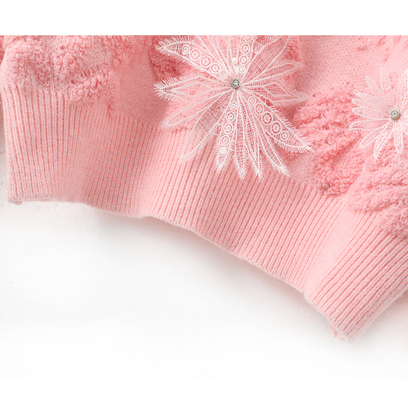 Rosa Pullover mit Rundhalsausschnitt und Blumenstickerei ED0531