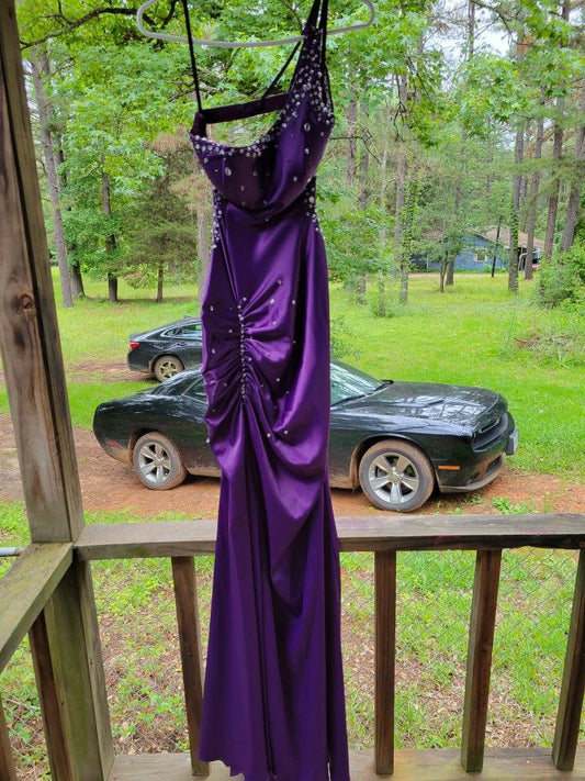 Sexy One-shoulder Sheath Long Prom Dresses,Satin Beaded Dark Purple Evening Dresses ED05328