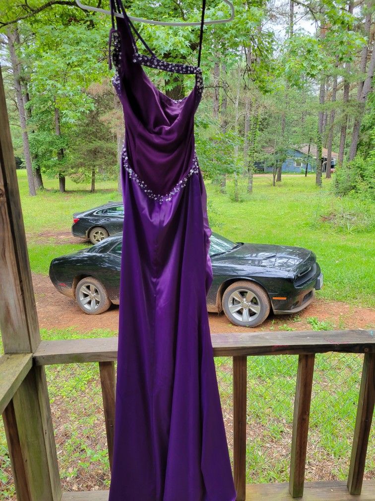 Sexy One-shoulder Sheath Long Prom Dresses,Satin Beaded Dark Purple Evening Dresses ED05328