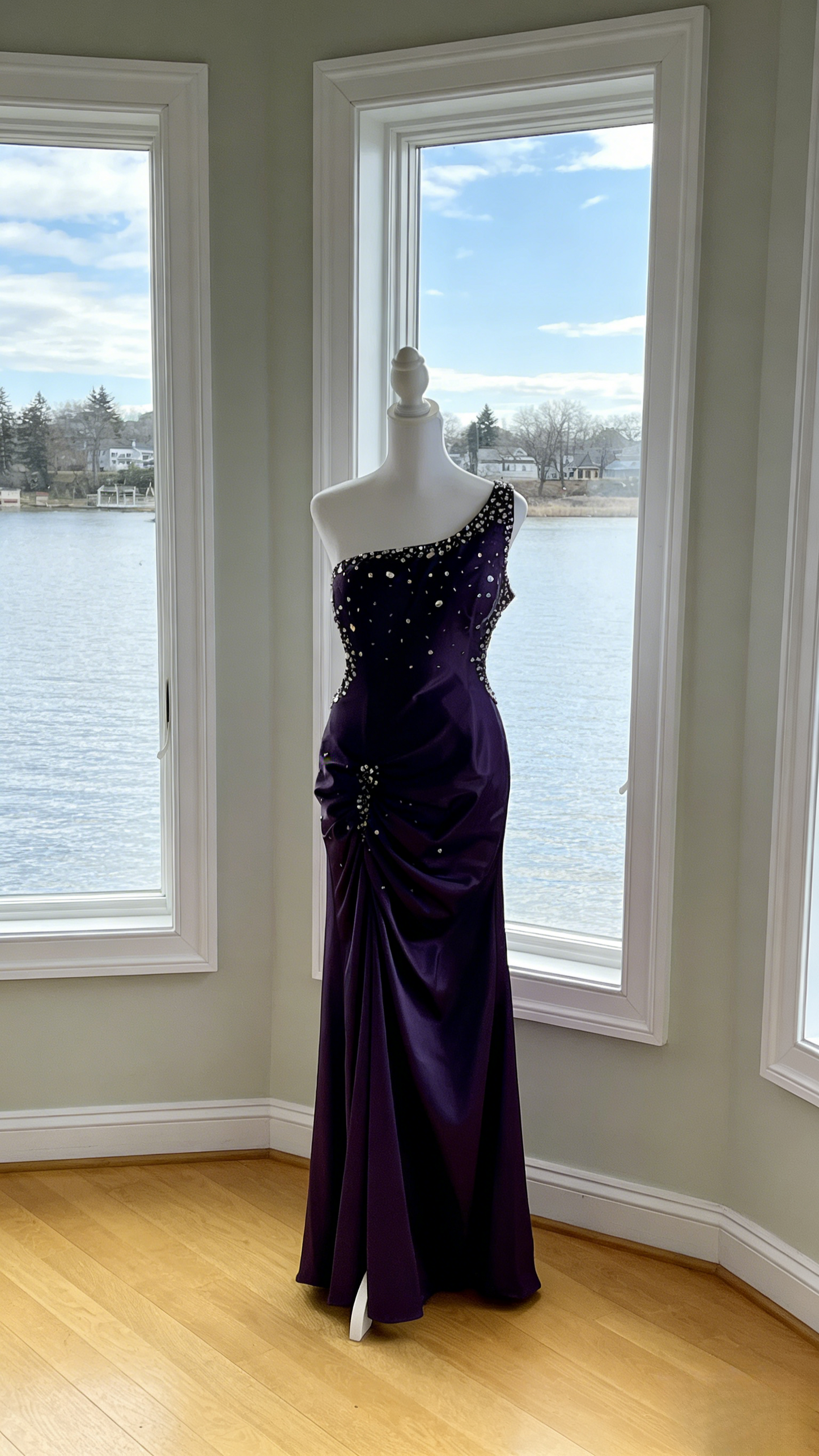 Sexy One-shoulder Sheath Long Prom Dresses,Satin Beaded Dark Purple Evening Dresses ED05328