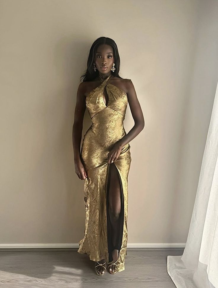 Sexy Halter Sheath Long Prom Dresses, Satin Gold Evening Dresses with Slits ED05329