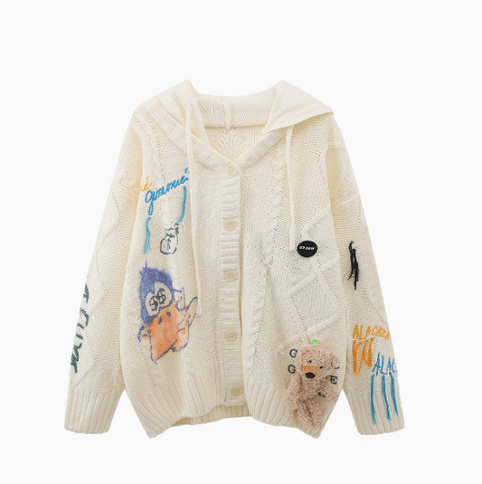 Korean style three-dimensional bear hooded knitted cardigan ED0532
