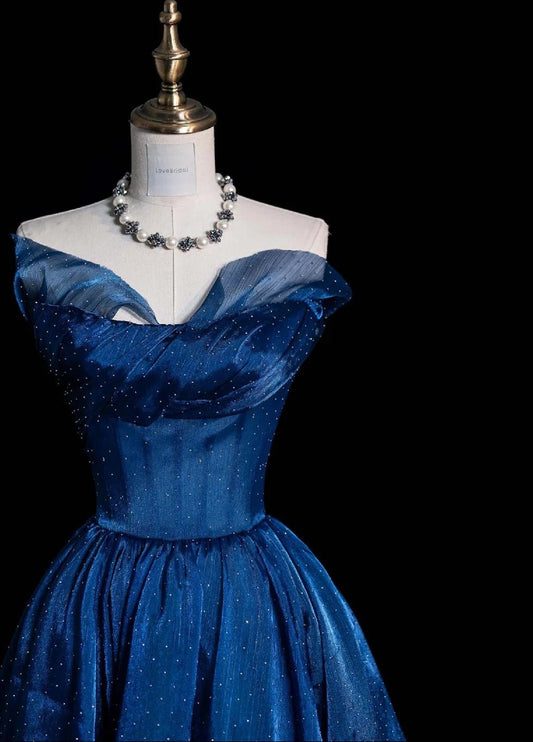 Glitter Strapless A-Line Long Prom Dresses,Satin Beaded Blue Birthday Dresses ED05333